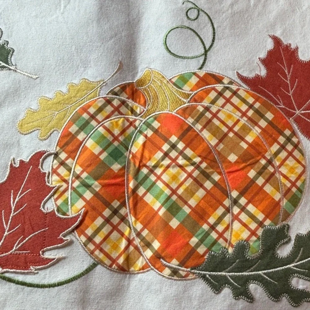 Harvest Plaid Pumpkin Embroidered Fall Placemats Set Cream Autumn Leaves K49328